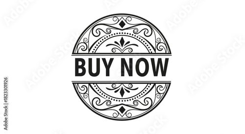 Circular decorative emblem with the words "BUY NOW" in bold text.