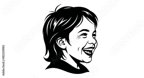 A stylized vector illustration of a young boy's face, smiling broadly with visible teeth.