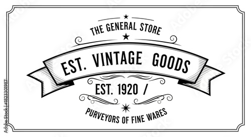 Vintage general store emblem with ribbon banner and decorative flourishes, established in 1920, offering fine wares.
