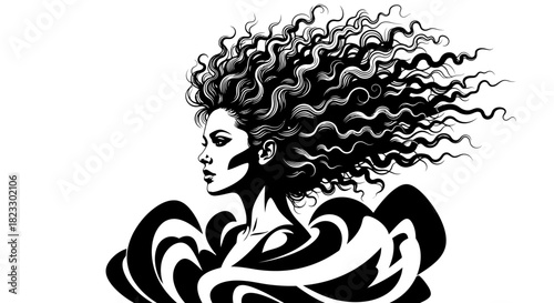 A stylized black and white portrait of a woman with voluminous, flowing hair.