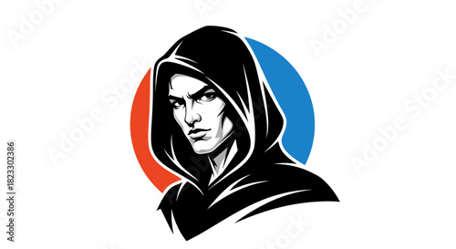 A stern-faced person wearing a hooded garment, set against a circular background.