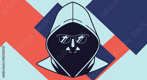 Illustration of a hooded figure wearing glasses, set against geometric shapes.