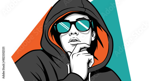Illustration of a person wearing a hooded sweatshirt and sunglasses, with a hand on their chin, in a stylized graphic design.