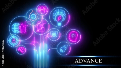 Neon light tree of concepts and progress with the word ADVANCE at the bottom image photo