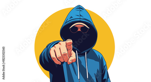 An illustration of a person wearing a blue hoodie and sunglasses, pointing directly at the viewer against a yellow circle.