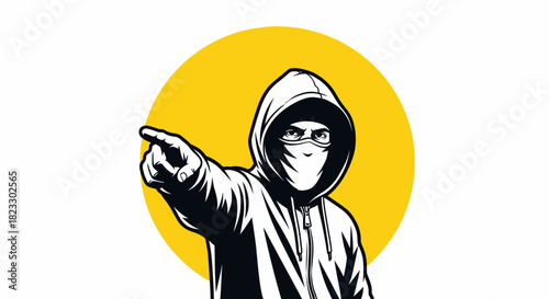 Illustration of a hooded figure with face covering, pointing to the left, against a yellow circle.