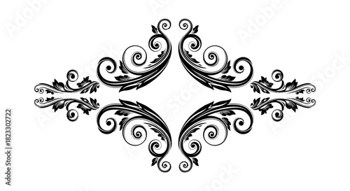 Ornate symmetrical decorative flourish design element with swirling leaves and tendrils on a white background.