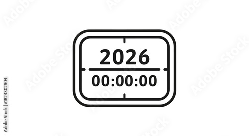 A simple black and white illustration of a rectangular clock showing the year 2026.