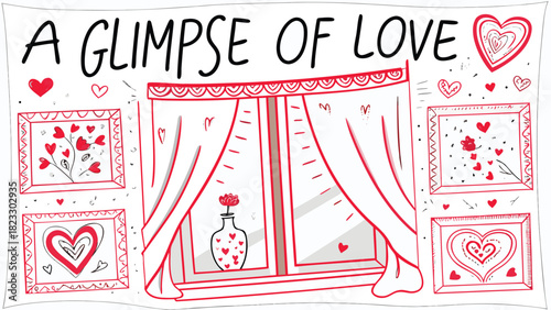 Whimsical hand drawn illustration of a window with red curtains revealing a vase of flowers and framed hearts symbolizing love and romance