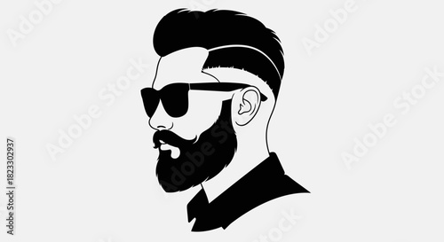 Vector illustration of a stylish man with a beard, modern haircut, and sunglasses, depicted in black and white.