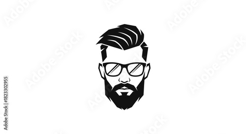 A stylized black and white illustration of a man's face with a beard and glasses.