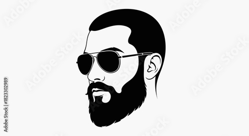A stylized black and white illustration of a man with sunglasses and a beard.