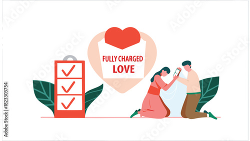 Couple charging their love with a full battery and checklist symbolizing a strong and healthy relationship connection