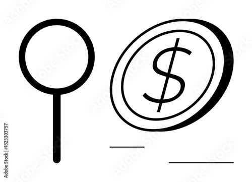Magnifying glass and dollar coin symbolize financial exploration, value analysis, or economic research. Ideal for finance, investment, economy, strategy, banking wealth search. Simple flat metaphor
