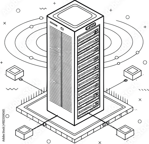 Isometric illustration of a server rack with connected devices and abstract circular patterns around it