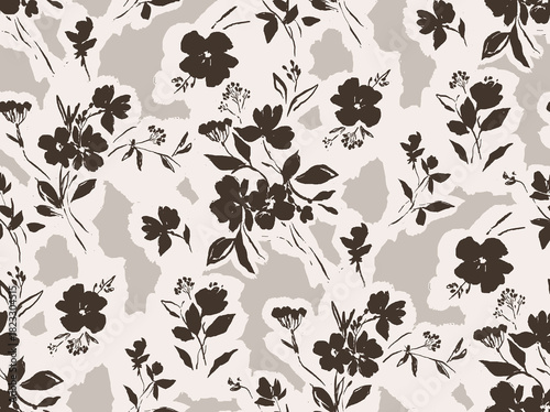Seamless brown floral silhouette pattern on a beige abstract background, suitable for textiles, wallpapers and decorative surfaces.
