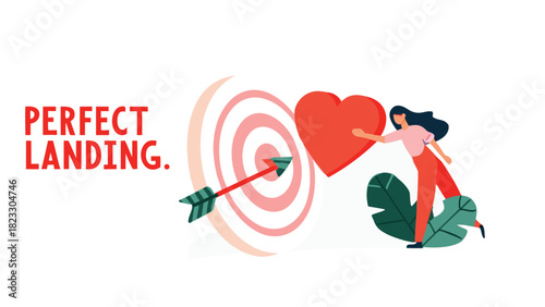 Woman reaching for a large red heart next to a bullseye target with an arrow hitting the center symbolizing perfect landing