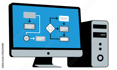 Computer displaying digital flowchart on screen, system process flow