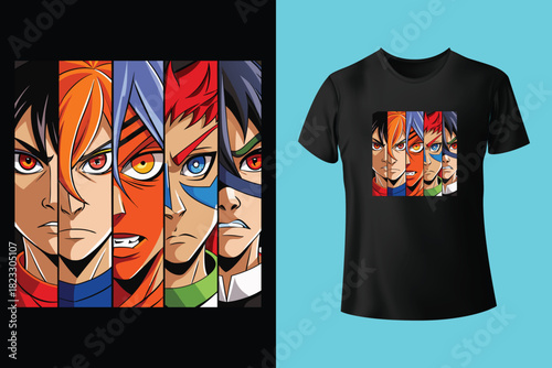 Japanese manga t-shirt design with eyes and slogan. Tee shirt print with inscription in Japanese with the translation: brave and strong. Anime style apparel and t shirt graphics. Vector illustration.
