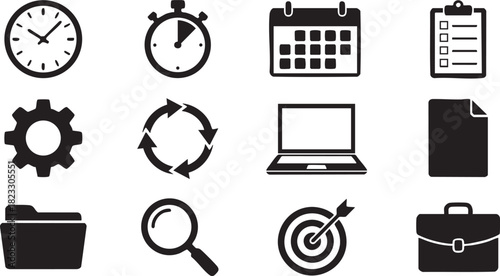 Business and productivity icons set with symbols for time, planning, office, data, and goals