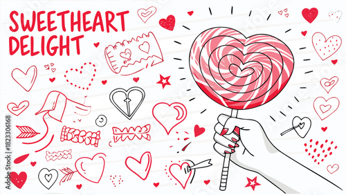 Hand holding a large heart shaped lollipop surrounded by various hand drawn hearts and romantic doodles on a white background