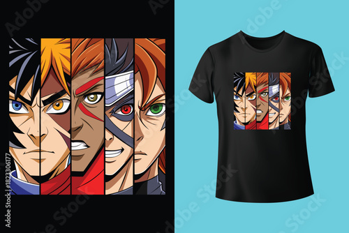 Japanese manga t-shirt design with eyes and slogan. Tee shirt print with inscription in Japanese with the translation: brave and strong. Anime style apparel and t shirt graphics. Vector illustration.
