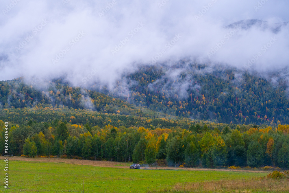 Naklejka premium A silver SUV driving across a bright green meadow at the edge of a dense mixed forest with vibrant autumn colors, with low clouds obscuring the mountain top.