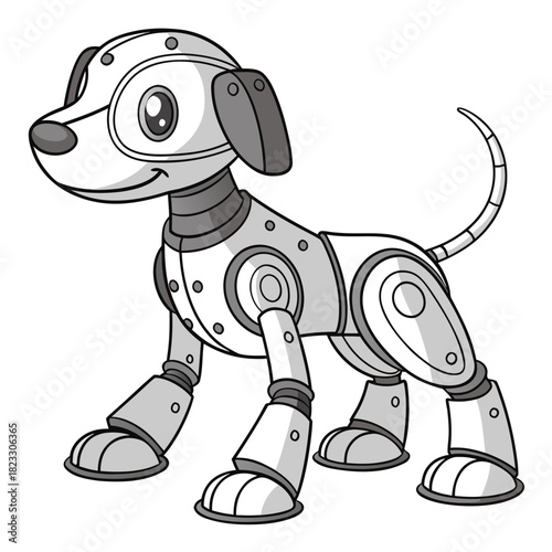 A charming illustration of a robotic puppy with a playful and mechanical design