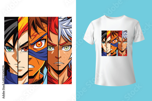 Japanese manga t-shirt design with eyes and slogan. Tee shirt print with inscription in Japanese with the translation: brave and strong. Anime style apparel and t shirt graphics. Vector illustration.
