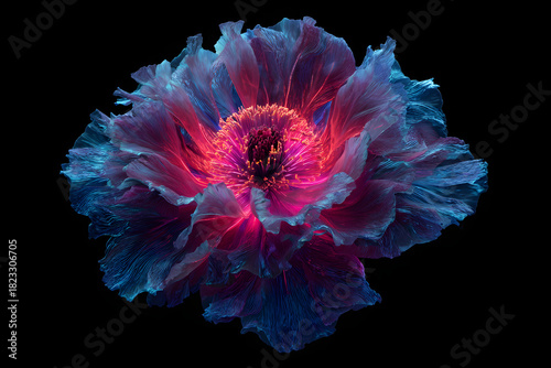 synthetic flower opening with a hot pink neon core and deep blue petals creating a bold sci fi botanical concept