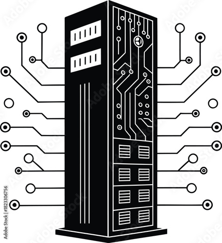 Illustration of a black server rack with circuit board design and connection points displayed around it