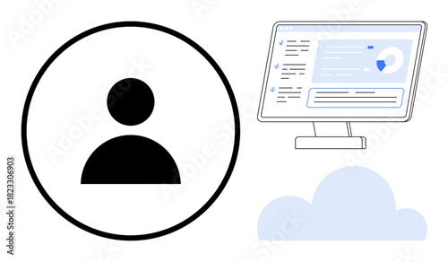 User profile icon, desktop monitor displaying data, and cloud graphic. Ideal for technology, cloud storage, data access, online presence, cybersecurity, user management simple flat metaphor