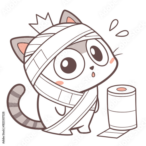 A cute cartoon cat wrapped as a mummy with a small roll of toilet paper