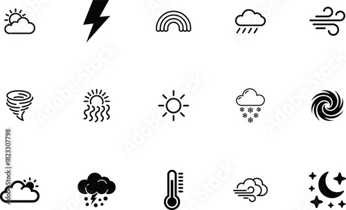 Collection of Black and White Weather Icons Sun, Cloud, Rain, Lightning, Wind, Rainbow