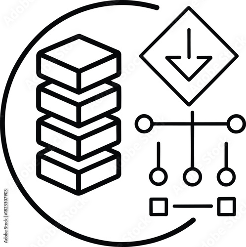 Black and white line art icon showing a stack of blocks and a diagram inside of a partial circle