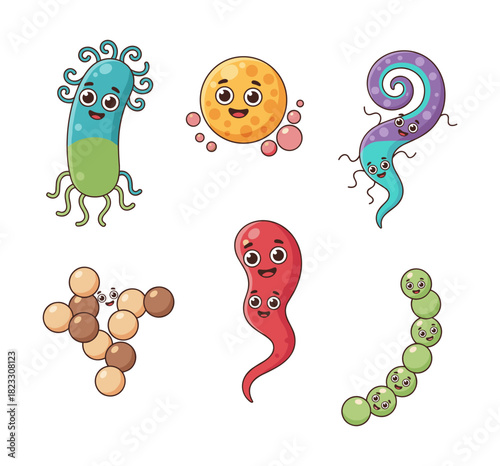 Cute cartoon bacteria characters on white background
