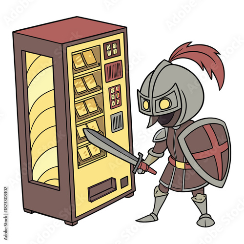 A cartoon knight attempts to purchase a snack from a vending machine