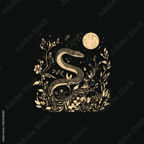 vintage engraving or woodcut illustration depicting a coiled serpent snake at the center of a circular floral wreath, framed by a full moon and starry night sky
