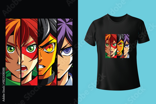 Japanese manga t-shirt design with eyes and slogan. Tee shirt print with inscription in Japanese with the translation: brave and strong. Anime style apparel and t shirt graphics. Vector illustration.
