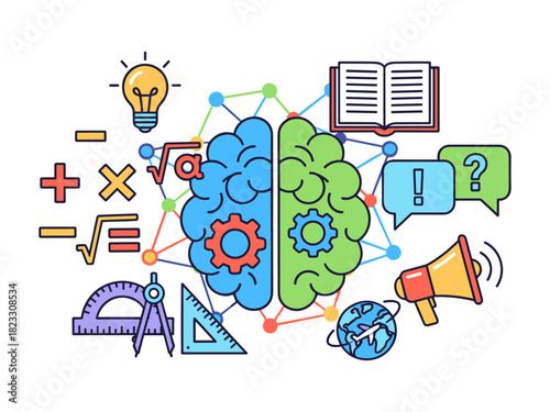 Brain hemispheres balancing logic and creative thinking
