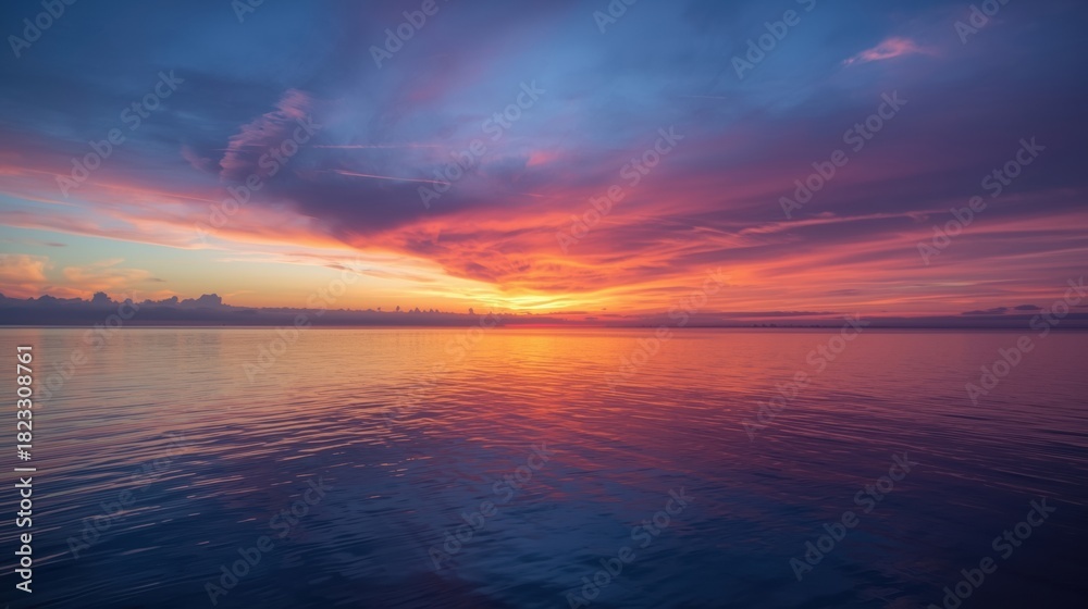 Fototapeta premium Vibrant sunset over calm ocean with colorful clouds reflecting on water