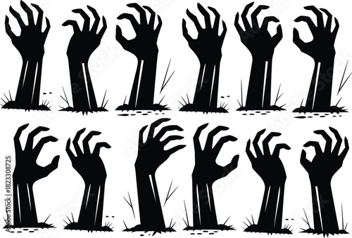 Zombie hand silhouette set, horror vector illustration, creepy rising arms, Halloween clipart, undead theme, spooky graphic elements, graveyard design