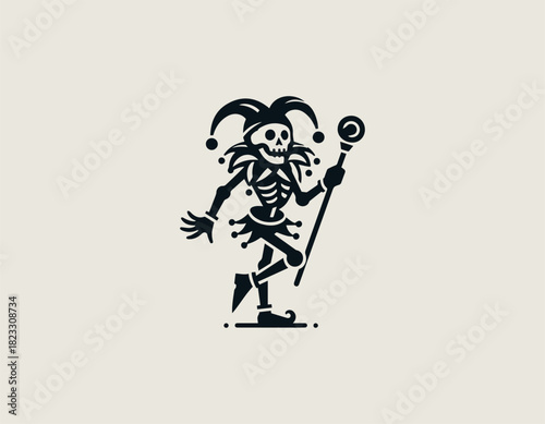 black silhouette of a skeletal jester figure wearing an iconic three-pointed hat and bell-adorned collar, holding a large spiked scepter or staff. Dark circus performance concept
