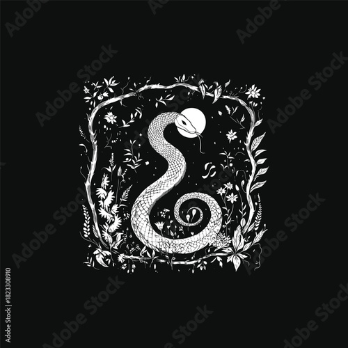 vintage engraving or woodcut illustration depicting a coiled serpent snake at the center of a circular floral wreath, framed by a full moon and starry night sky