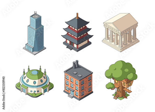Isometric building set illustrating diverse architectural structures