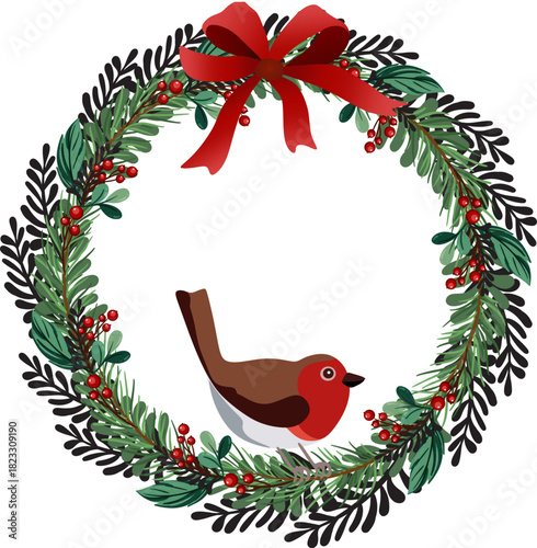 Festive wreath, bright red bow, fern leaves, ivy leaves, bird, kind robin, fir branches, rowan berries, windswept pines, poinsettia, red berries, red-breasted bird, Christmas wreath, vector, EPS