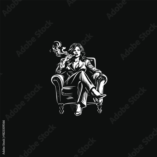 vintage engraving or sketch illustration depicting a confident, stylish woman or boss sitting in an armchair, crossing her legs and smoking a cigarette