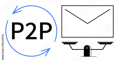 P2P circle with arrows next to email screen on scales. Ideal for communication, balance, networking, technology, peer-to-peer systems, email, collaboration. Simple flat metaphor