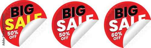 Big Sale Sticker Set - Rounded Red Labels with Peeled Corner and Percentage Off