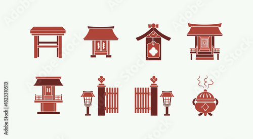 Japanese Shrine and Temple Elements Flat Icon Collection.